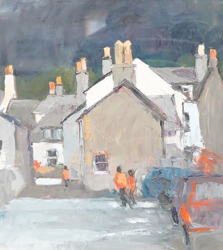 John O’Neill, Ambleside street scene with figures, modern British impasto oil, initialled and dated '07, 36 x 32cm